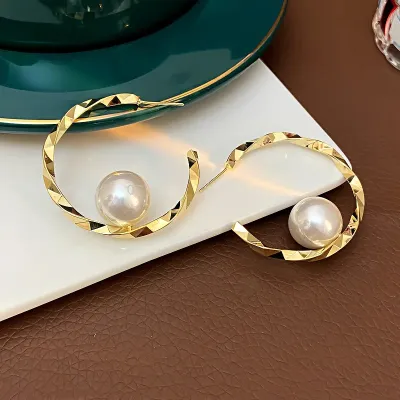 Golden Pearl Circle Shape Hoop Earrings